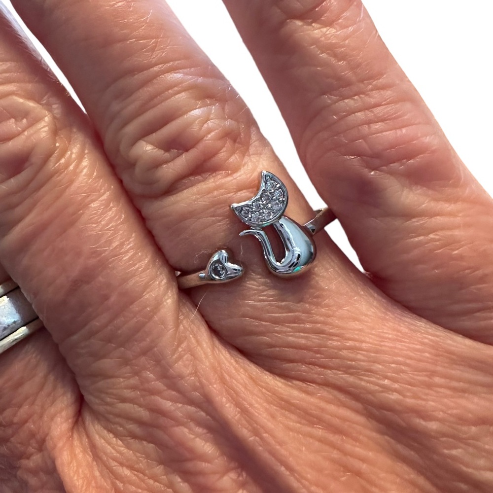 Silver Cat Open Cuff Ring With Rhinestone Accents - image 5